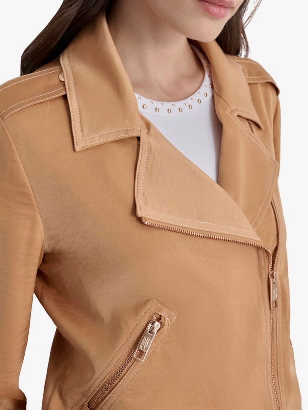 DKNY Long Sleeves Contrast Stitch Moto Jacket Jacket in Tawney Small - Picture 1 of 13